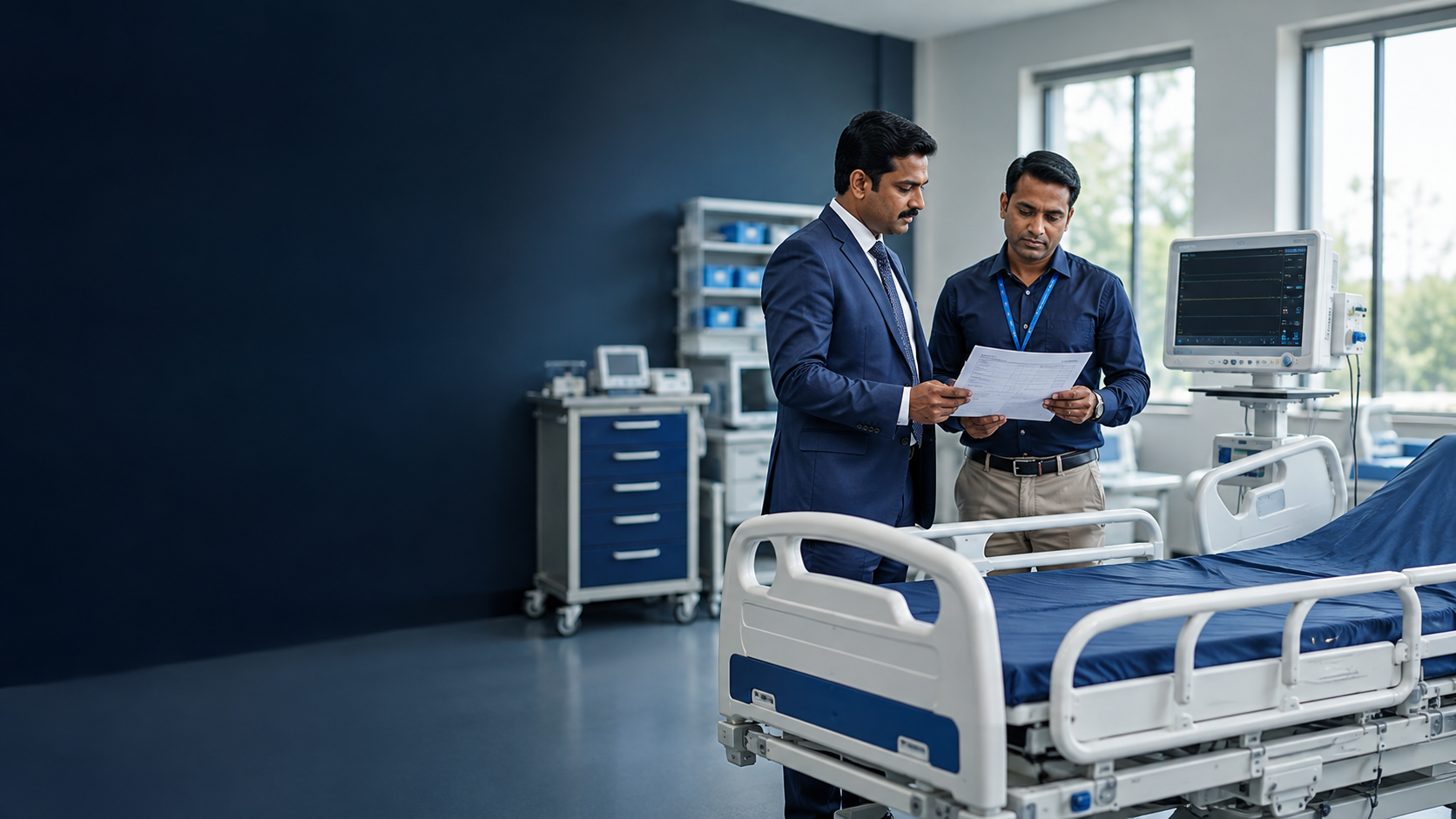 Hospital procurement manager and biomedical engineer reviewing equipment before ordering