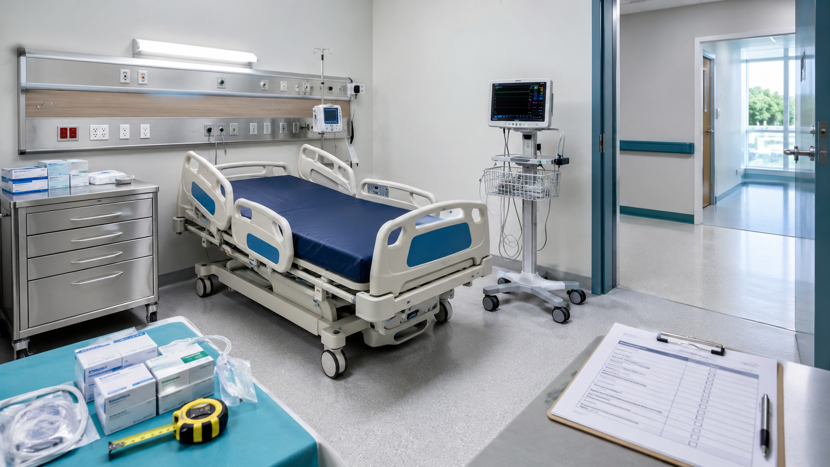 Hospital room prepared for equipment installation with bed, patient monitor, utilities, accessories and acceptance checklist