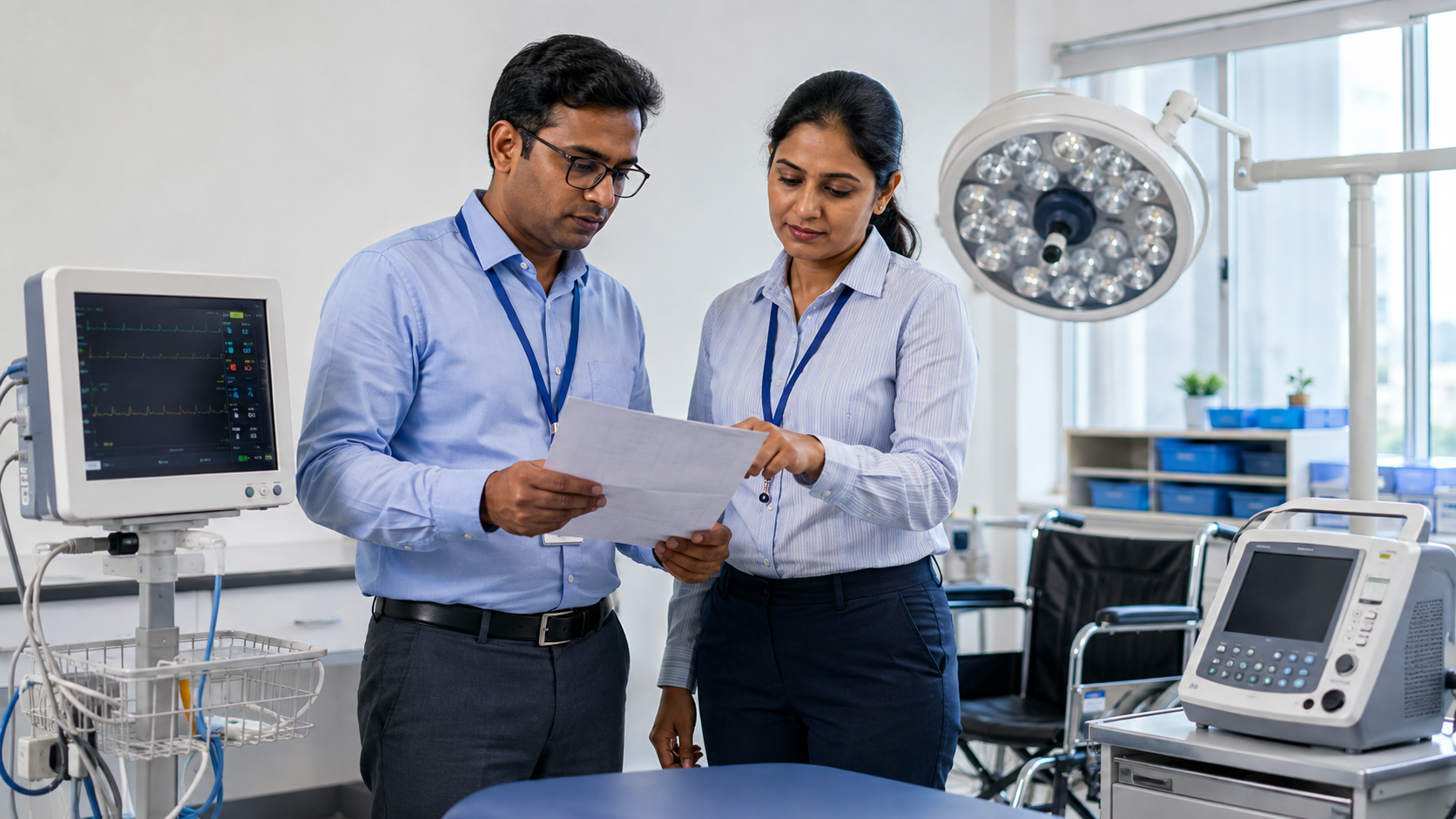 Hospital procurement professionals reviewing a medical equipment checklist