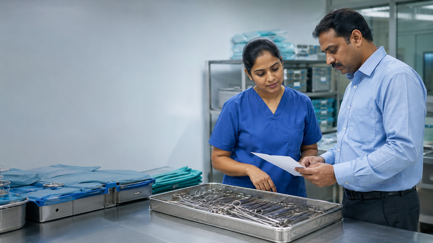 Hospital clinician and procurement officer reviewing a surgical instrument list and tray